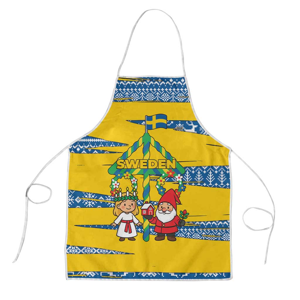 Sweden Christmas Apron with Santa Lucia Girl Midsummer Pole Swedish Flag and Nordic Pattern Design - Wonder Print Shop