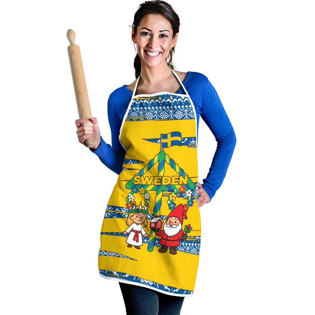 Sweden Christmas Apron with Santa Lucia Girl Midsummer Pole Swedish Flag and Nordic Pattern Design - Wonder Print Shop