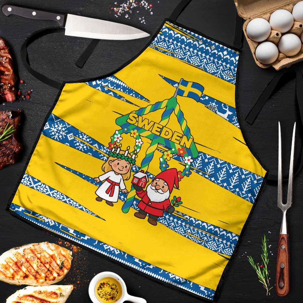 Sweden Christmas Apron with Santa Lucia Girl Midsummer Pole Swedish Flag and Nordic Pattern Design - Wonder Print Shop