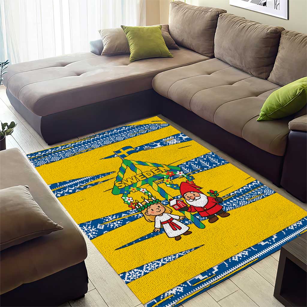 Sweden Christmas Area Rug with Santa Lucia Girl Midsummer Pole Swedish Flag and Nordic Pattern Design - Wonder Print Shop