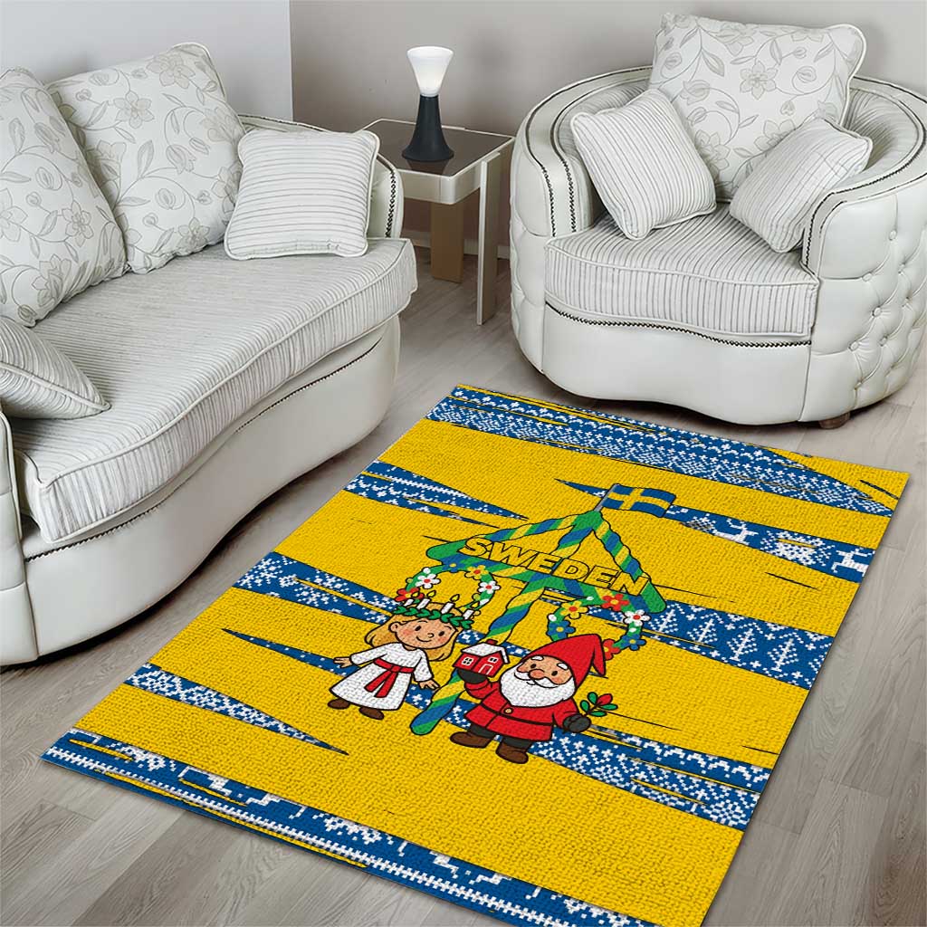 Sweden Christmas Area Rug with Santa Lucia Girl Midsummer Pole Swedish Flag and Nordic Pattern Design - Wonder Print Shop
