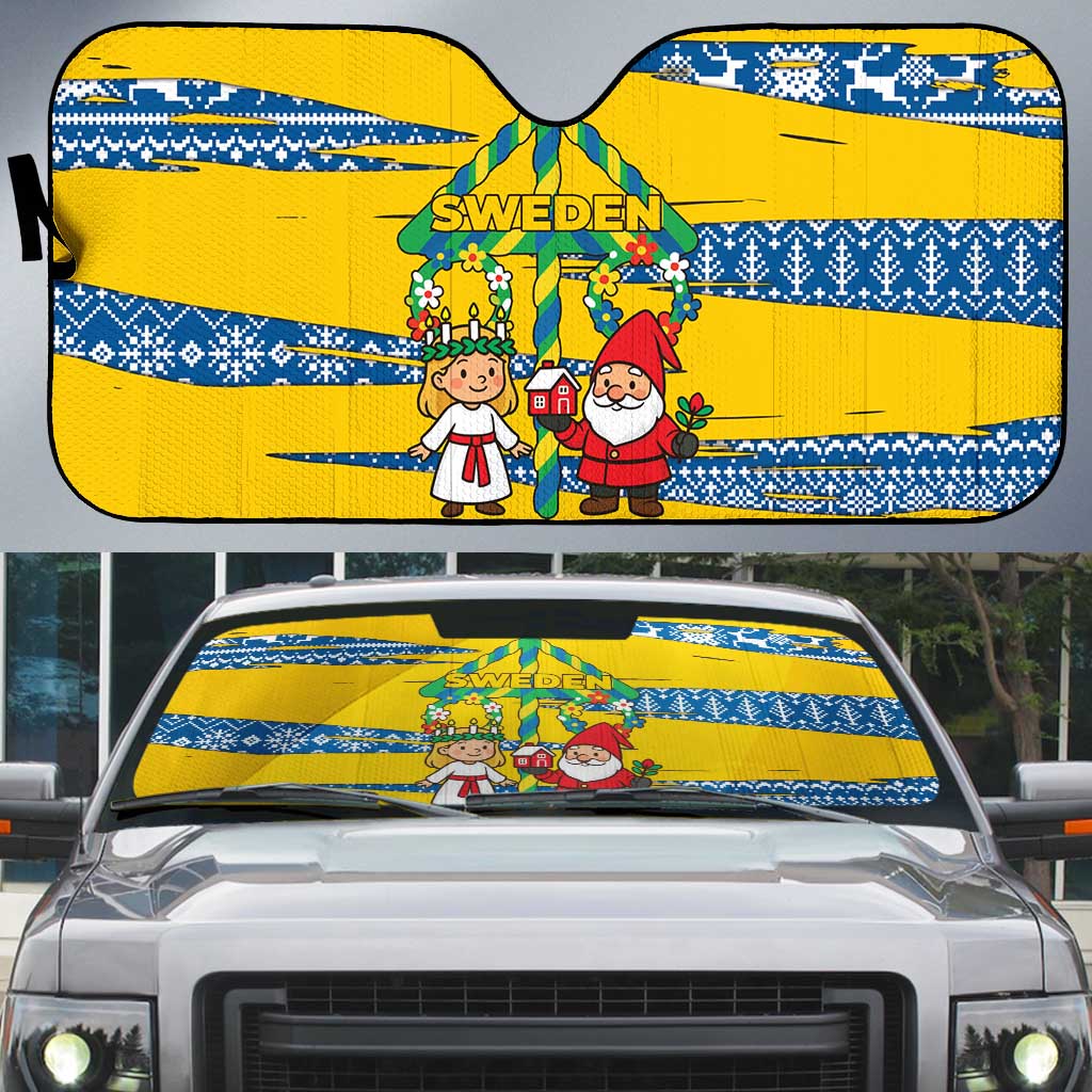 Sweden Christmas Auto Sun Shade with Santa Lucia Girl Midsummer Pole Swedish Flag and Nordic Pattern Design - Wonder Print Shop