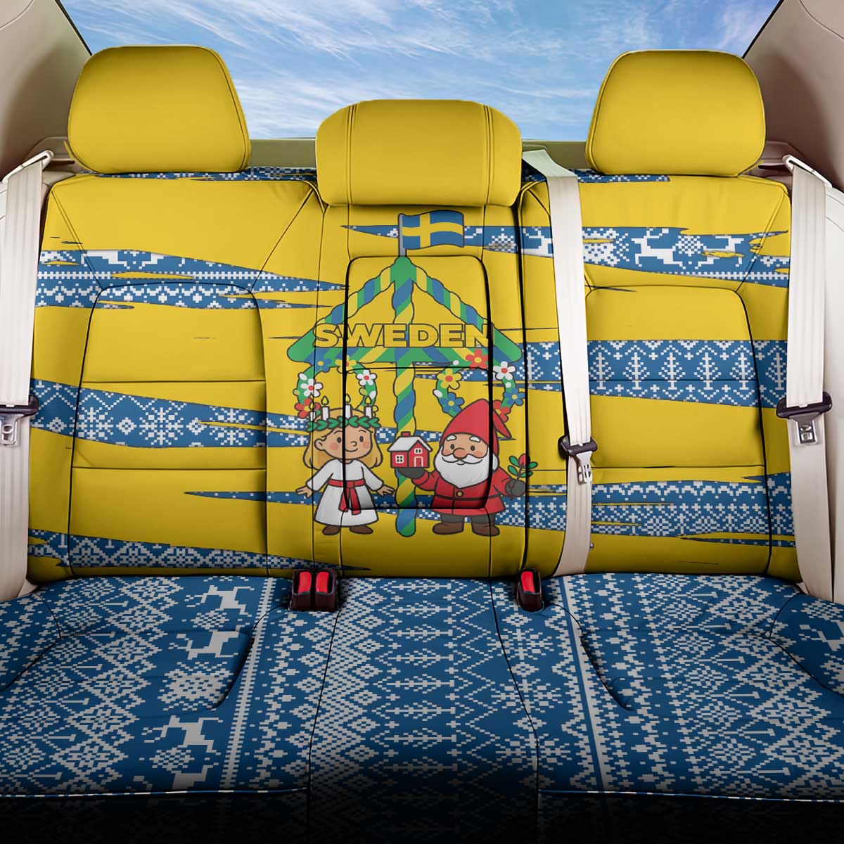 Sweden Christmas Back Car Seat Cover with Santa Lucia Girl Midsummer Pole Swedish Flag and Nordic Pattern Design - Wonder Print Shop