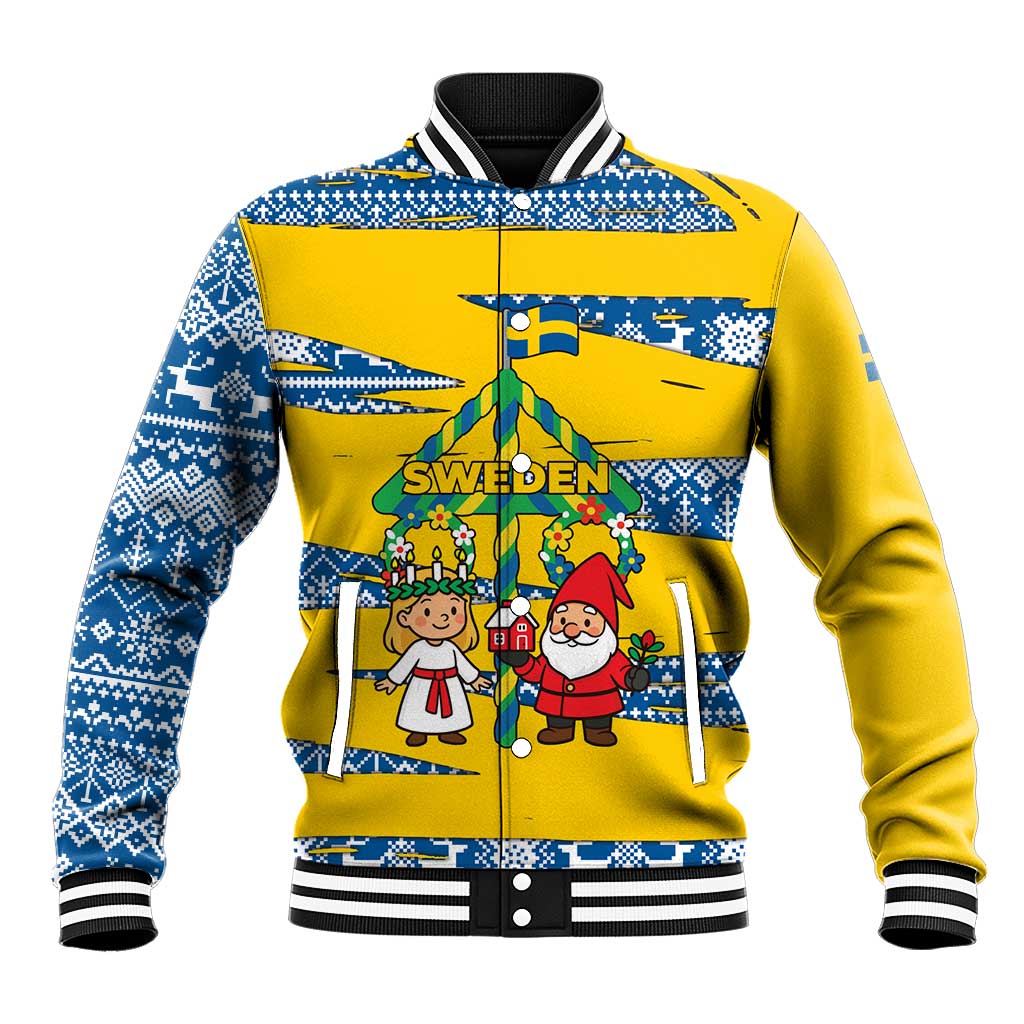 Sweden Christmas Baseball Jacket with Santa Lucia Girl Midsummer Pole Swedish Flag and Nordic Pattern Design - Wonder Print Shop