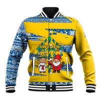 Sweden Christmas Baseball Jacket with Santa Lucia Girl Midsummer Pole Swedish Flag and Nordic Pattern Design - Wonder Print Shop
