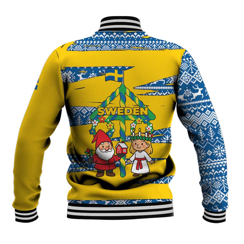 Sweden Christmas Baseball Jacket with Santa Lucia Girl Midsummer Pole Swedish Flag and Nordic Pattern Design - Wonder Print Shop