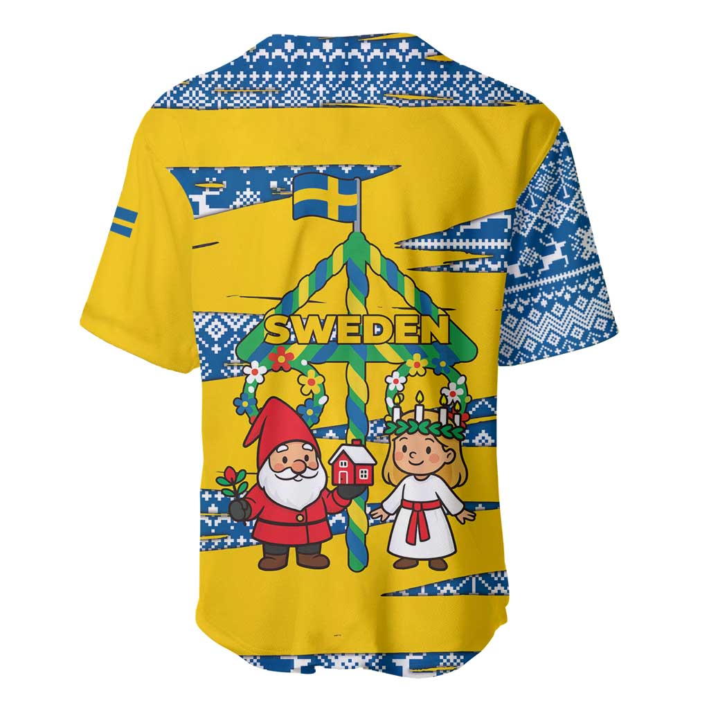 Sweden Christmas Baseball Jersey with Santa Lucia Girl Midsummer Pole Swedish Flag and Nordic Pattern Design - Wonder Print Shop
