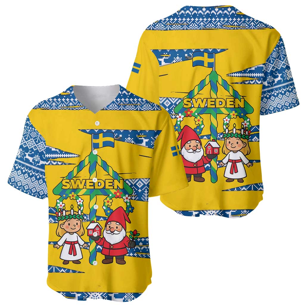 Sweden Christmas Baseball Jersey with Santa Lucia Girl Midsummer Pole Swedish Flag and Nordic Pattern Design - Wonder Print Shop