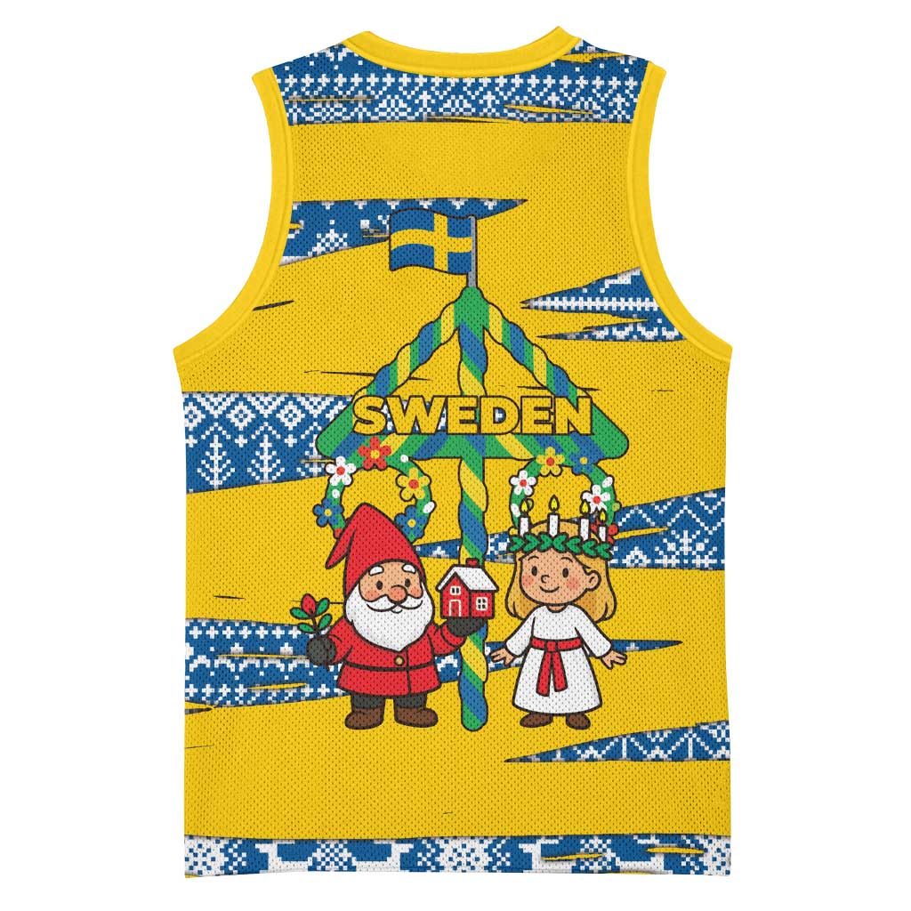 Sweden Christmas Basketball Jersey with Santa Lucia Girl Midsummer Pole Swedish Flag and Nordic Pattern Design - Wonder Print Shop