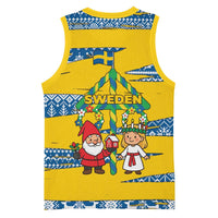 Sweden Christmas Basketball Jersey with Santa Lucia Girl Midsummer Pole Swedish Flag and Nordic Pattern Design - Wonder Print Shop