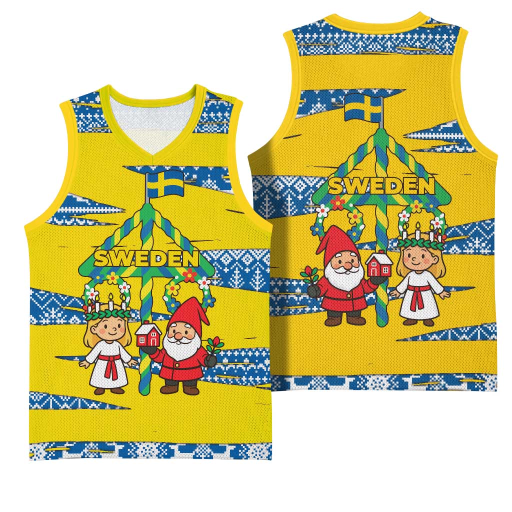 Sweden Christmas Basketball Jersey with Santa Lucia Girl Midsummer Pole Swedish Flag and Nordic Pattern Design - Wonder Print Shop