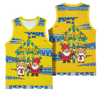 Sweden Christmas Basketball Jersey with Santa Lucia Girl Midsummer Pole Swedish Flag and Nordic Pattern Design - Wonder Print Shop