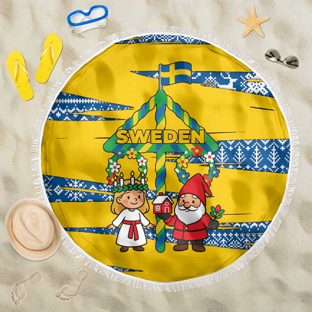 Sweden Christmas Beach Blanket with Santa Lucia Girl Midsummer Pole Swedish Flag and Nordic Pattern Design - Wonder Print Shop
