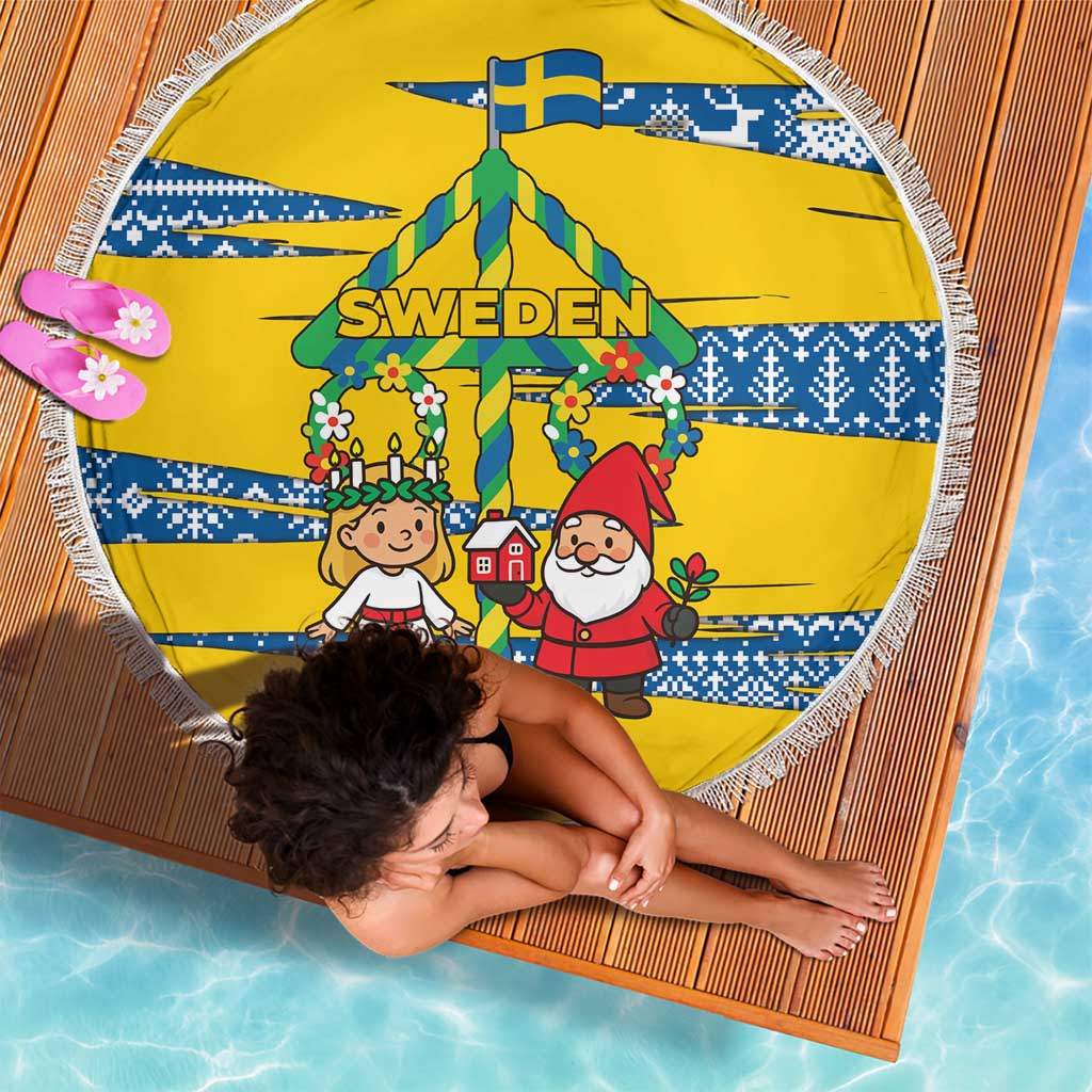 Sweden Christmas Beach Blanket with Santa Lucia Girl Midsummer Pole Swedish Flag and Nordic Pattern Design - Wonder Print Shop