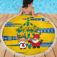 Sweden Christmas Beach Blanket with Santa Lucia Girl Midsummer Pole Swedish Flag and Nordic Pattern Design - Wonder Print Shop