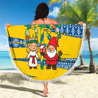 Sweden Christmas Beach Blanket with Santa Lucia Girl Midsummer Pole Swedish Flag and Nordic Pattern Design - Wonder Print Shop