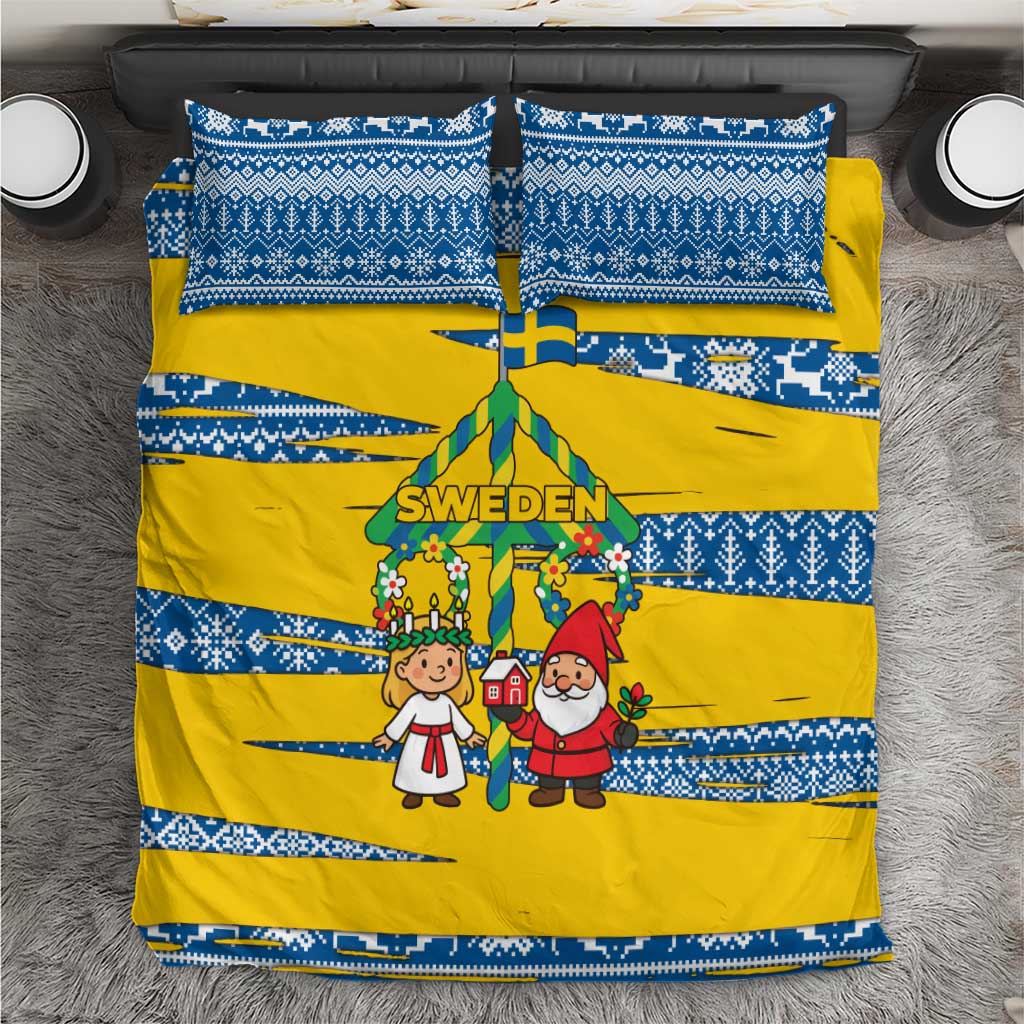 Sweden Christmas Bedding Set with Santa Lucia Girl Midsummer Pole Swedish Flag and Nordic Pattern Design - Wonder Print Shop