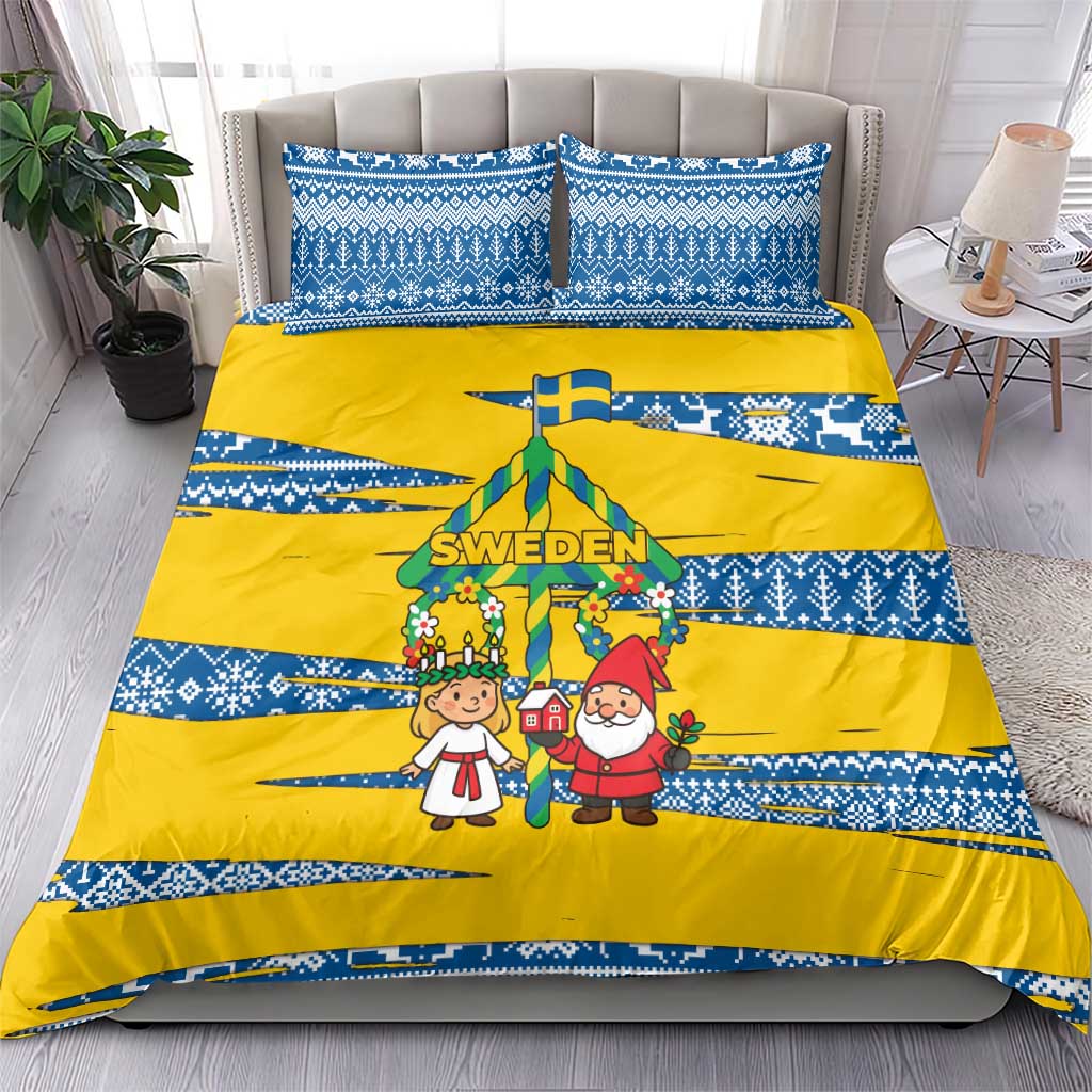 Sweden Christmas Bedding Set with Santa Lucia Girl Midsummer Pole Swedish Flag and Nordic Pattern Design - Wonder Print Shop
