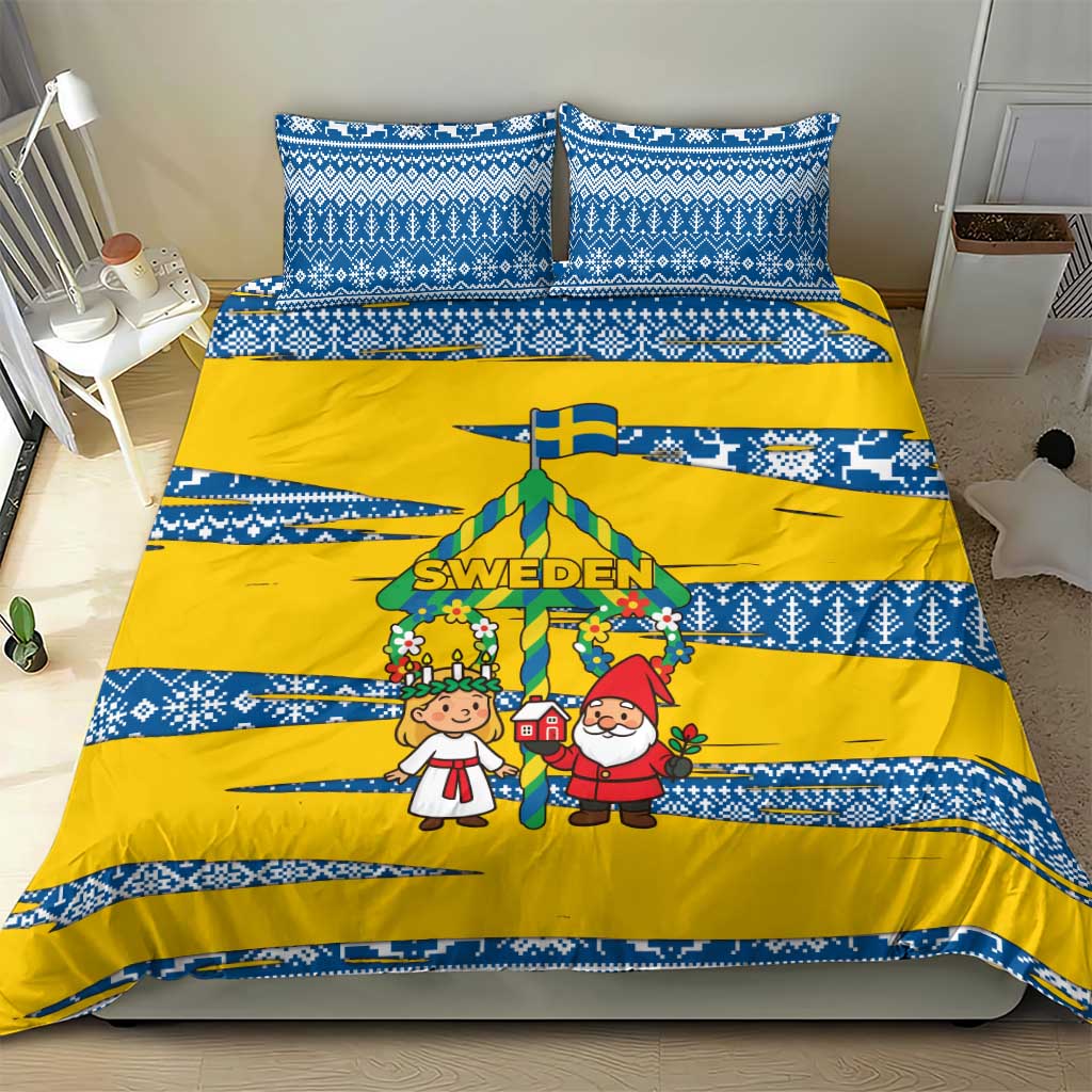 Sweden Christmas Bedding Set with Santa Lucia Girl Midsummer Pole Swedish Flag and Nordic Pattern Design - Wonder Print Shop