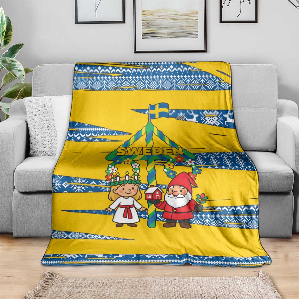 Sweden Christmas Blanket with Santa Lucia Girl Midsummer Pole Swedish Flag and Nordic Pattern Design - Wonder Print Shop