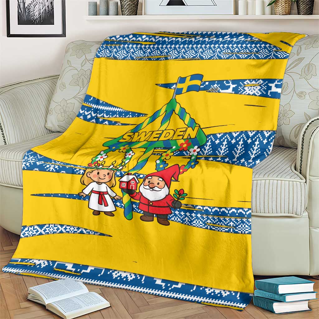 Sweden Christmas Blanket with Santa Lucia Girl Midsummer Pole Swedish Flag and Nordic Pattern Design - Wonder Print Shop