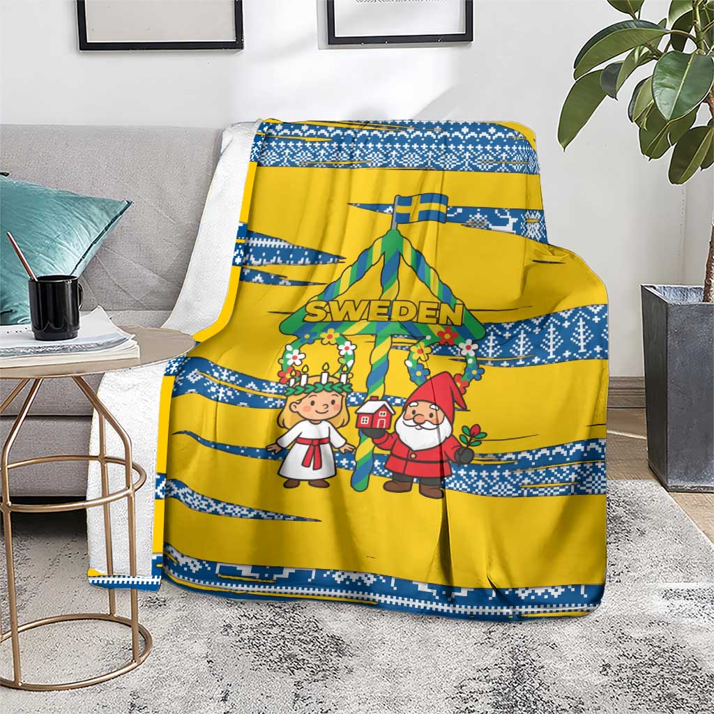 Sweden Christmas Blanket with Santa Lucia Girl Midsummer Pole Swedish Flag and Nordic Pattern Design - Wonder Print Shop