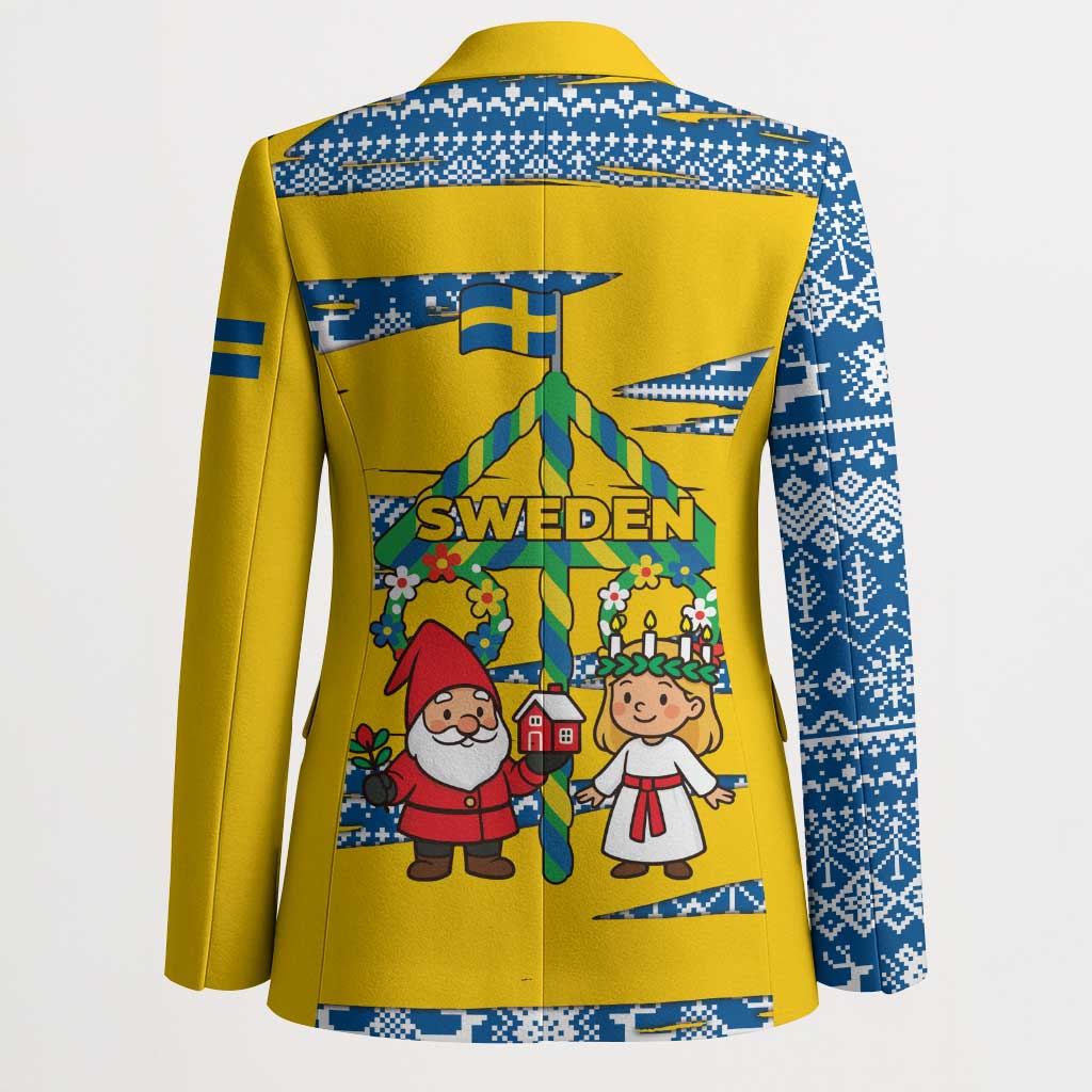 Sweden Christmas Blazer with Santa Lucia Girl Midsummer Pole Swedish Flag and Nordic Pattern Design - Wonder Print Shop