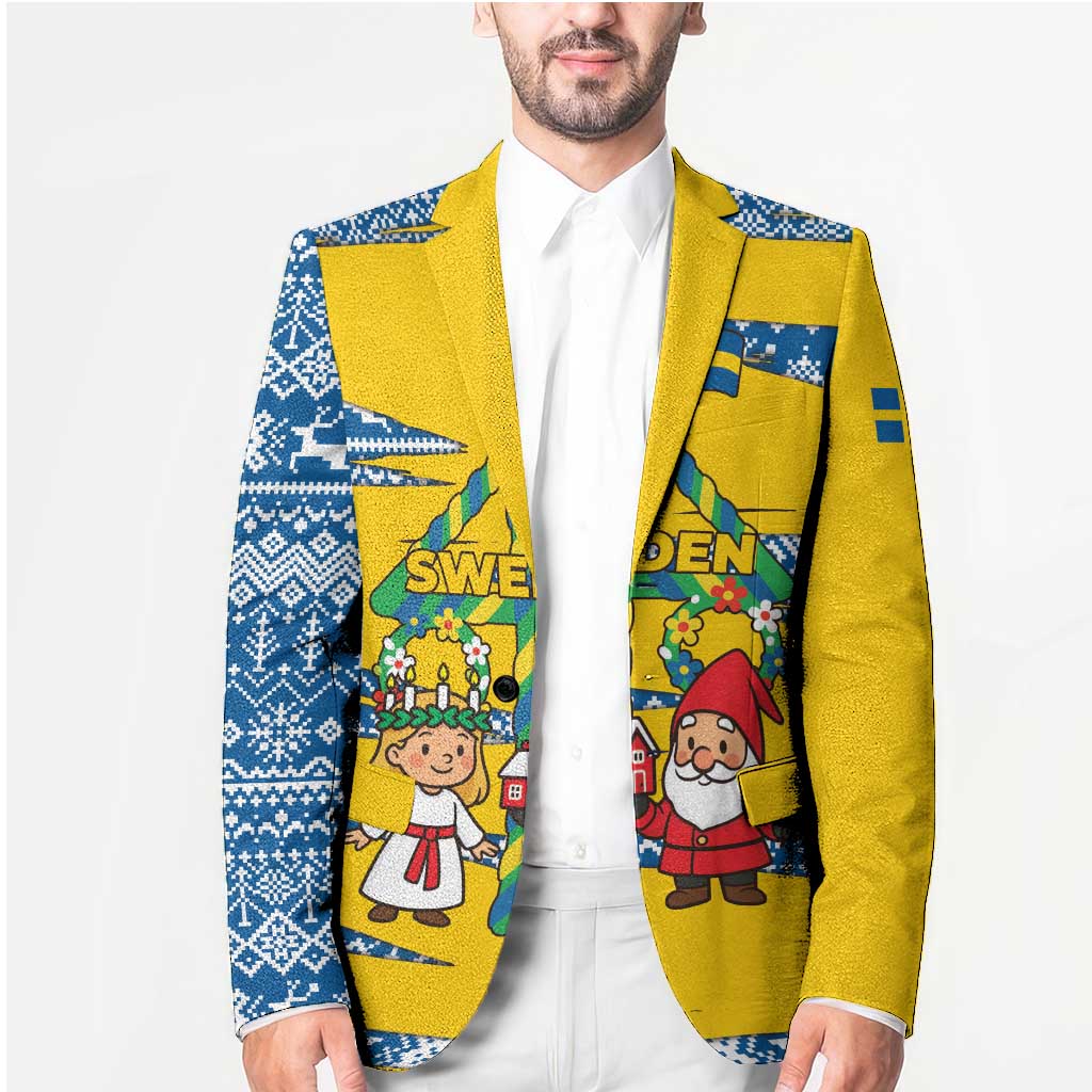 Sweden Christmas Blazer with Santa Lucia Girl Midsummer Pole Swedish Flag and Nordic Pattern Design - Wonder Print Shop