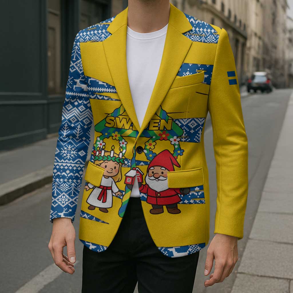 Sweden Christmas Blazer with Santa Lucia Girl Midsummer Pole Swedish Flag and Nordic Pattern Design - Wonder Print Shop