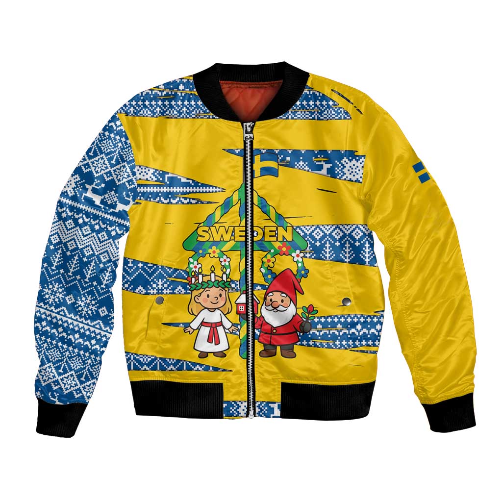 Sweden Christmas Bomber Jacket with Santa Lucia Girl Midsummer Pole Swedish Flag and Nordic Pattern Design - Wonder Print Shop