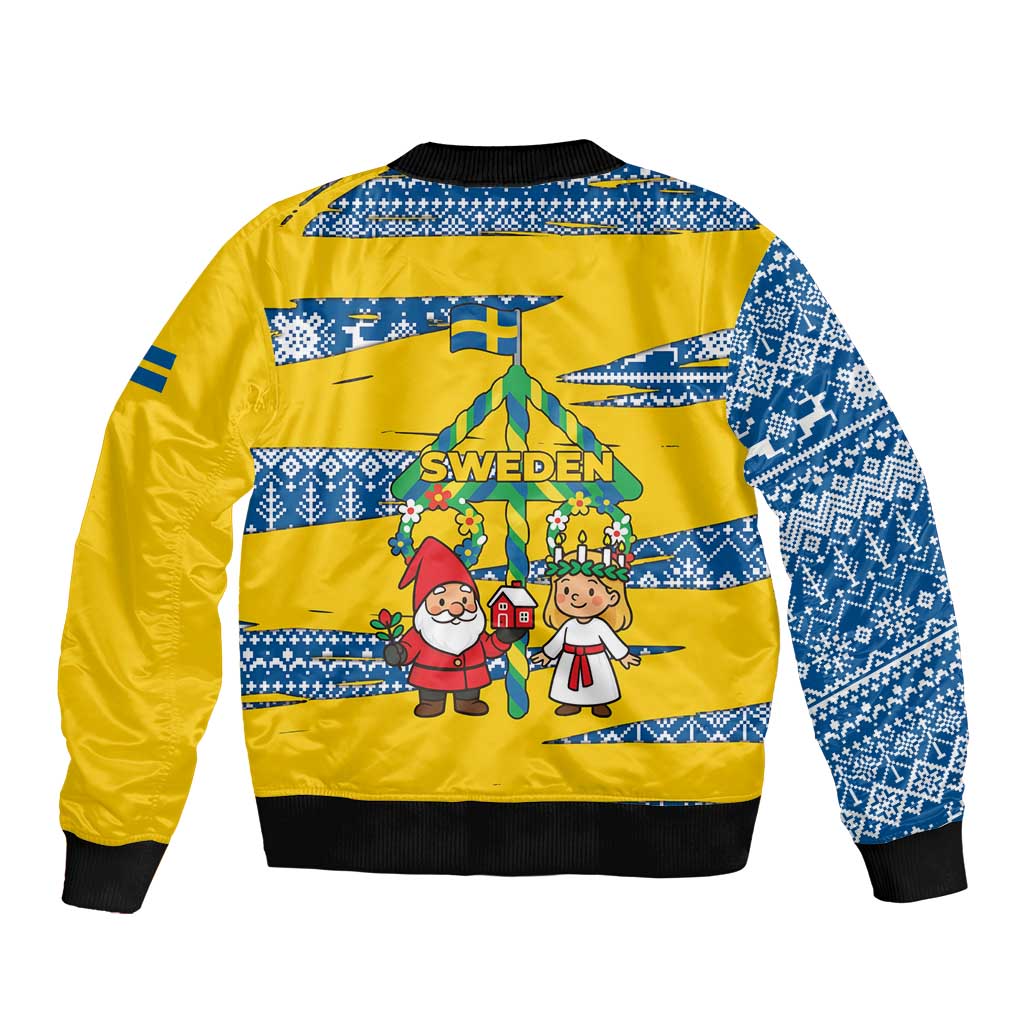 Sweden Christmas Bomber Jacket with Santa Lucia Girl Midsummer Pole Swedish Flag and Nordic Pattern Design - Wonder Print Shop