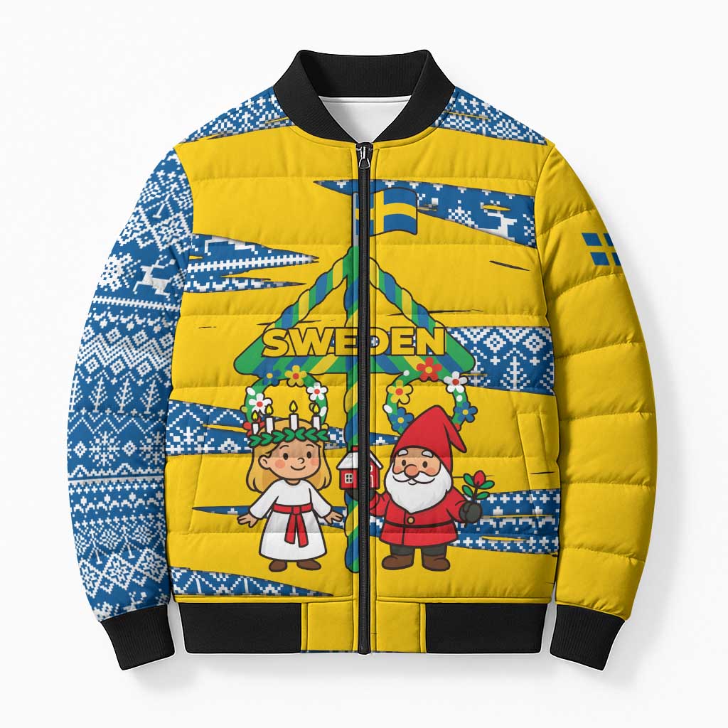 Sweden Christmas Bomber Puffer Jacket with Santa Lucia Girl Midsummer Pole Swedish Flag and Nordic Pattern Design - Wonder Print Shop