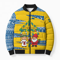 Sweden Christmas Bomber Puffer Jacket with Santa Lucia Girl Midsummer Pole Swedish Flag and Nordic Pattern Design - Wonder Print Shop