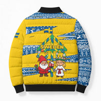 Sweden Christmas Bomber Puffer Jacket with Santa Lucia Girl Midsummer Pole Swedish Flag and Nordic Pattern Design - Wonder Print Shop