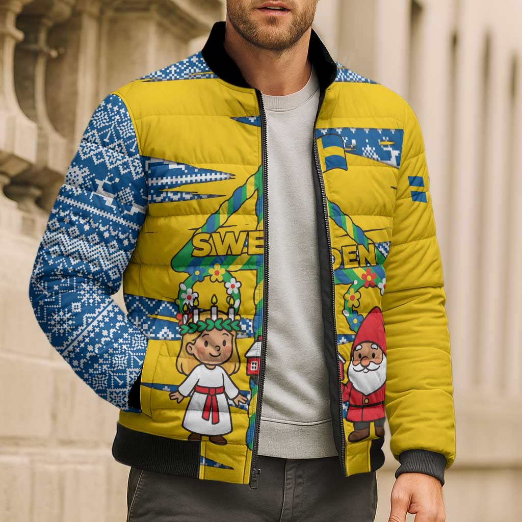 Sweden Christmas Bomber Puffer Jacket with Santa Lucia Girl Midsummer Pole Swedish Flag and Nordic Pattern Design - Wonder Print Shop