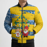 Sweden Christmas Bomber Puffer Jacket with Santa Lucia Girl Midsummer Pole Swedish Flag and Nordic Pattern Design - Wonder Print Shop