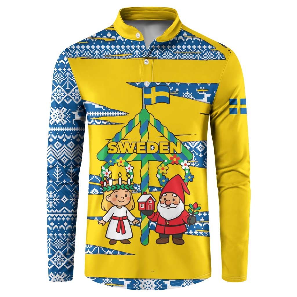 Sweden Christmas Button Sweatshirt with Santa Lucia Girl Midsummer Pole Swedish Flag and Nordic Pattern Design - Wonder Print Shop