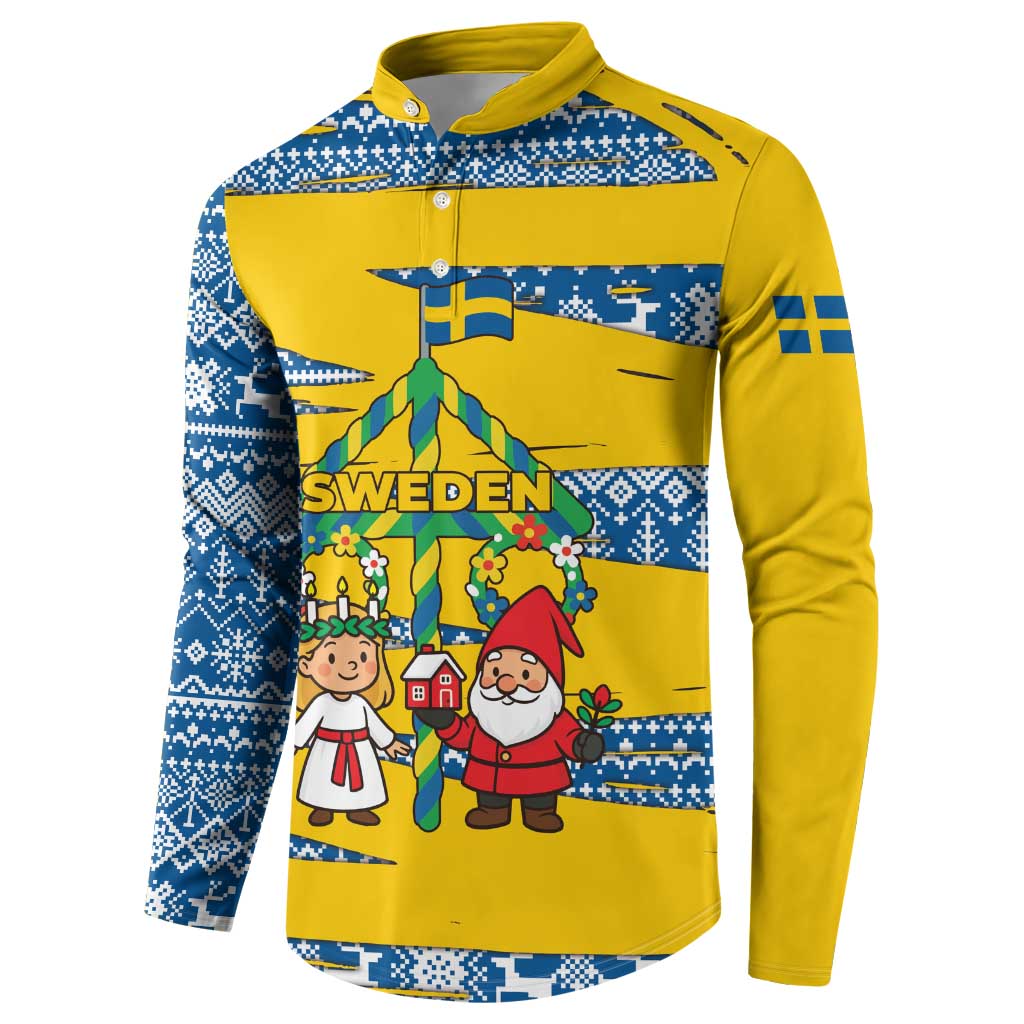 Sweden Christmas Button Sweatshirt with Santa Lucia Girl Midsummer Pole Swedish Flag and Nordic Pattern Design - Wonder Print Shop