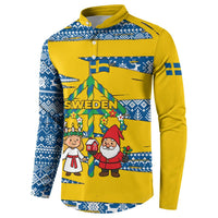 Sweden Christmas Button Sweatshirt with Santa Lucia Girl Midsummer Pole Swedish Flag and Nordic Pattern Design - Wonder Print Shop