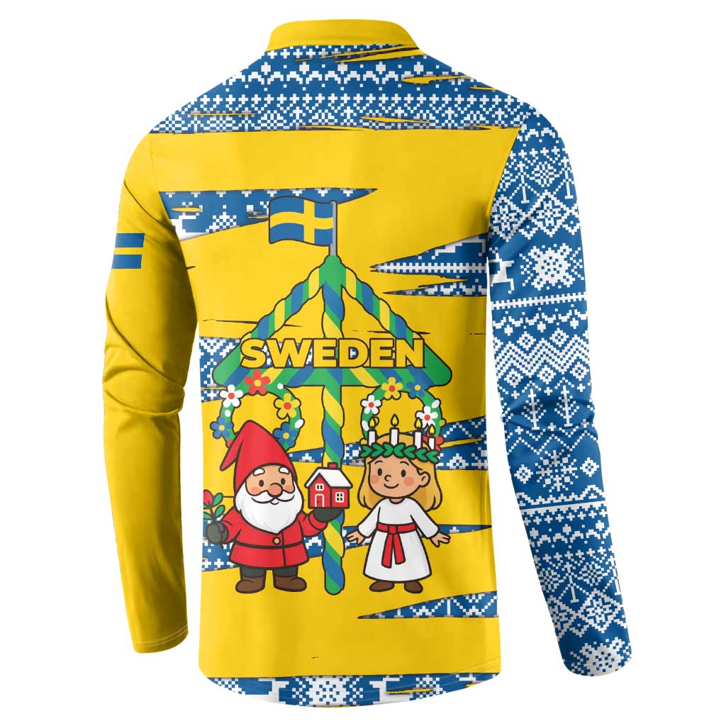 Sweden Christmas Button Sweatshirt with Santa Lucia Girl Midsummer Pole Swedish Flag and Nordic Pattern Design - Wonder Print Shop