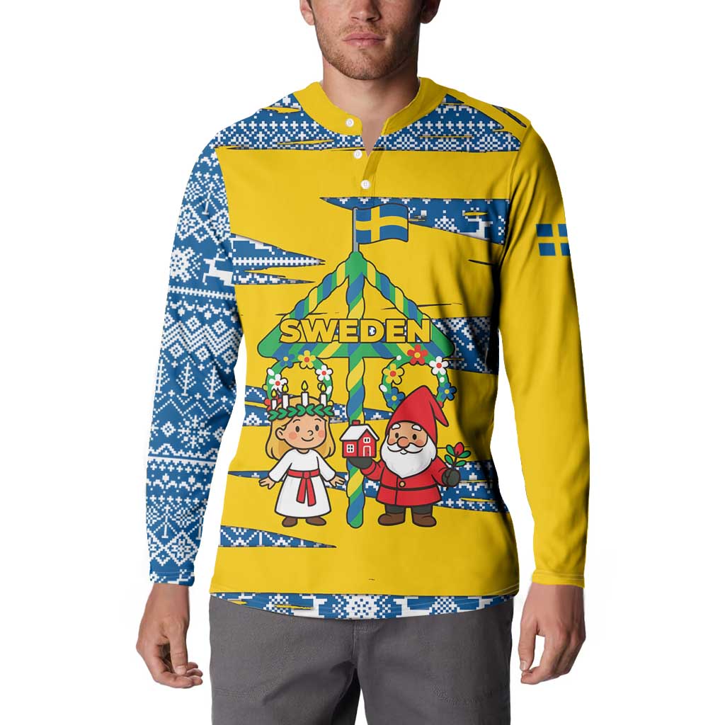 Sweden Christmas Button Sweatshirt with Santa Lucia Girl Midsummer Pole Swedish Flag and Nordic Pattern Design - Wonder Print Shop