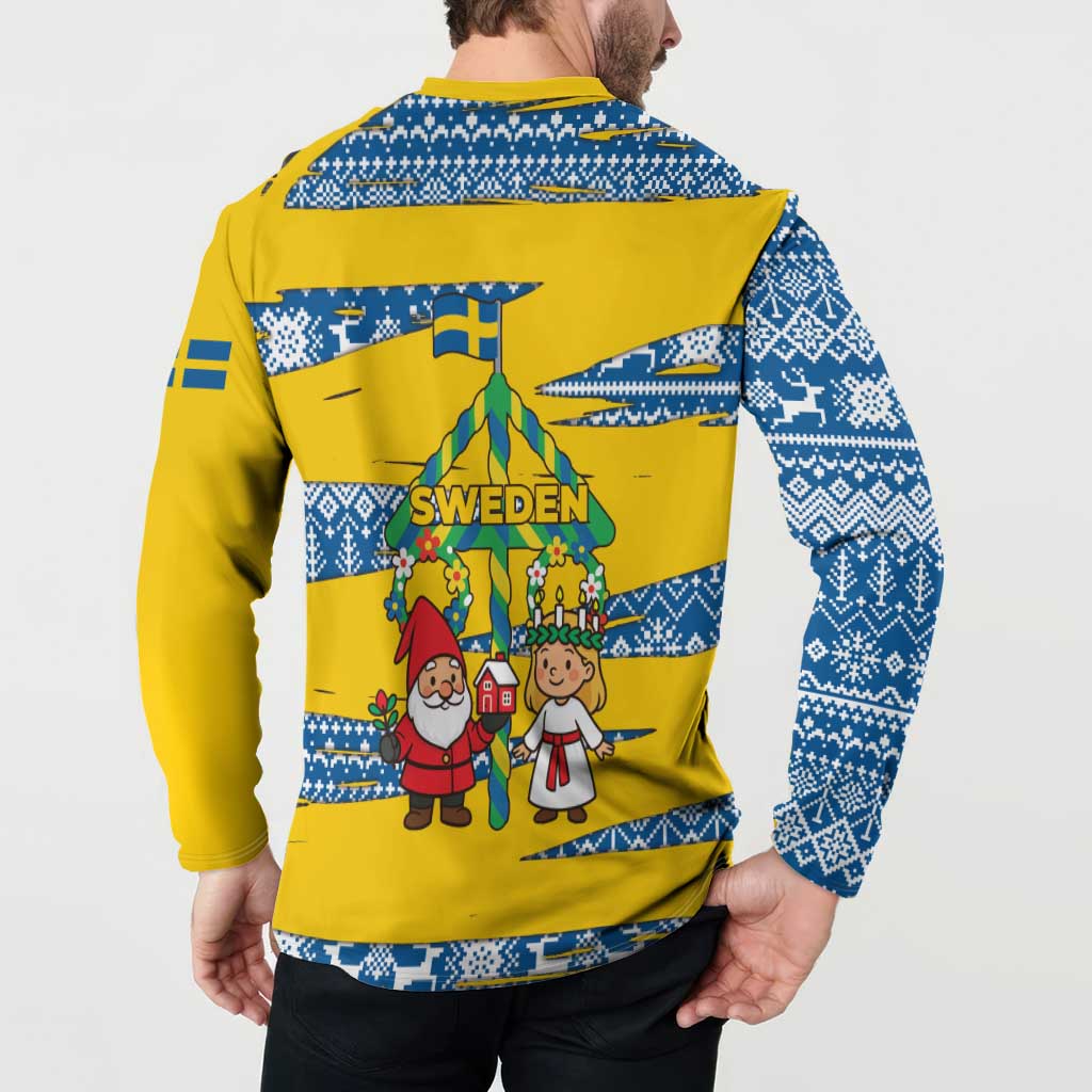 Sweden Christmas Button Sweatshirt with Santa Lucia Girl Midsummer Pole Swedish Flag and Nordic Pattern Design - Wonder Print Shop