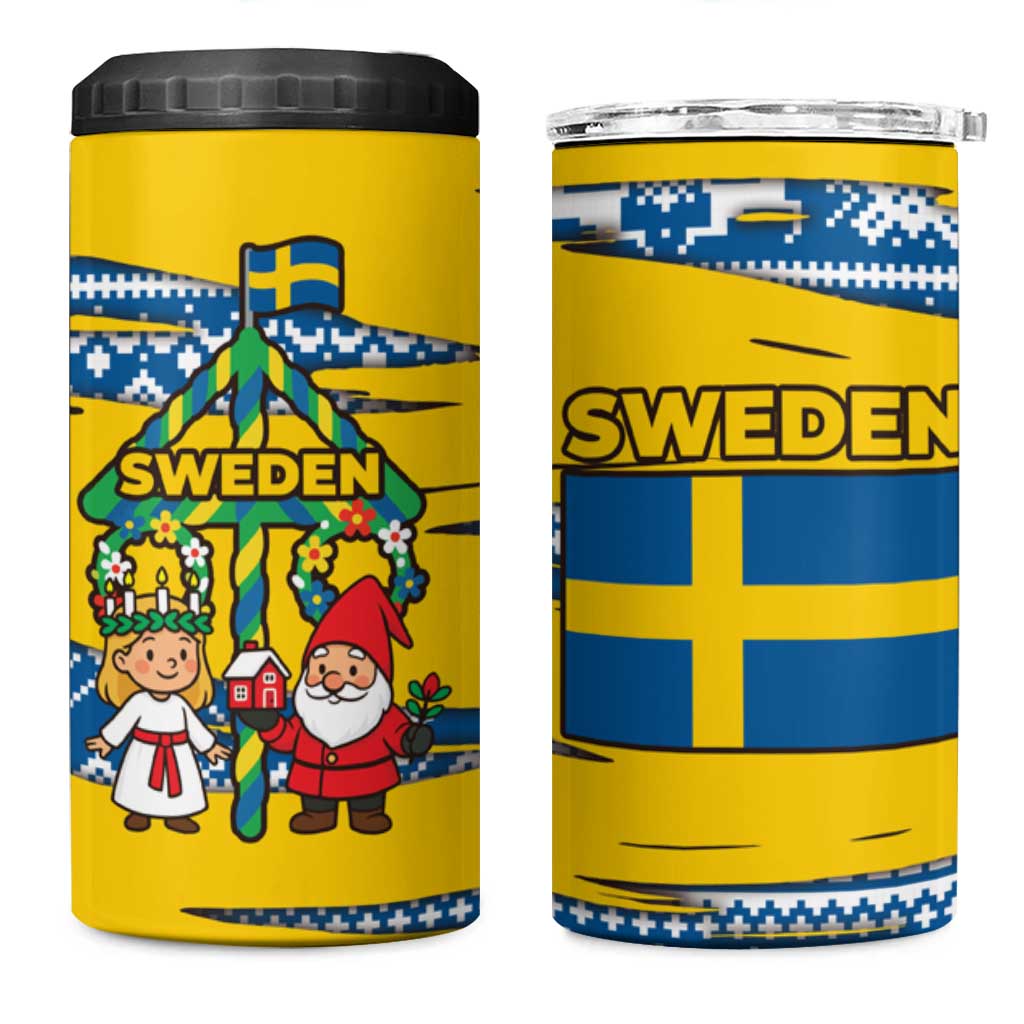 Sweden Christmas 4 in 1 Can Cooler Tumbler with Santa Lucia Girl Midsummer Pole Swedish Flag and Nordic Pattern Design - Wonder Print Shop