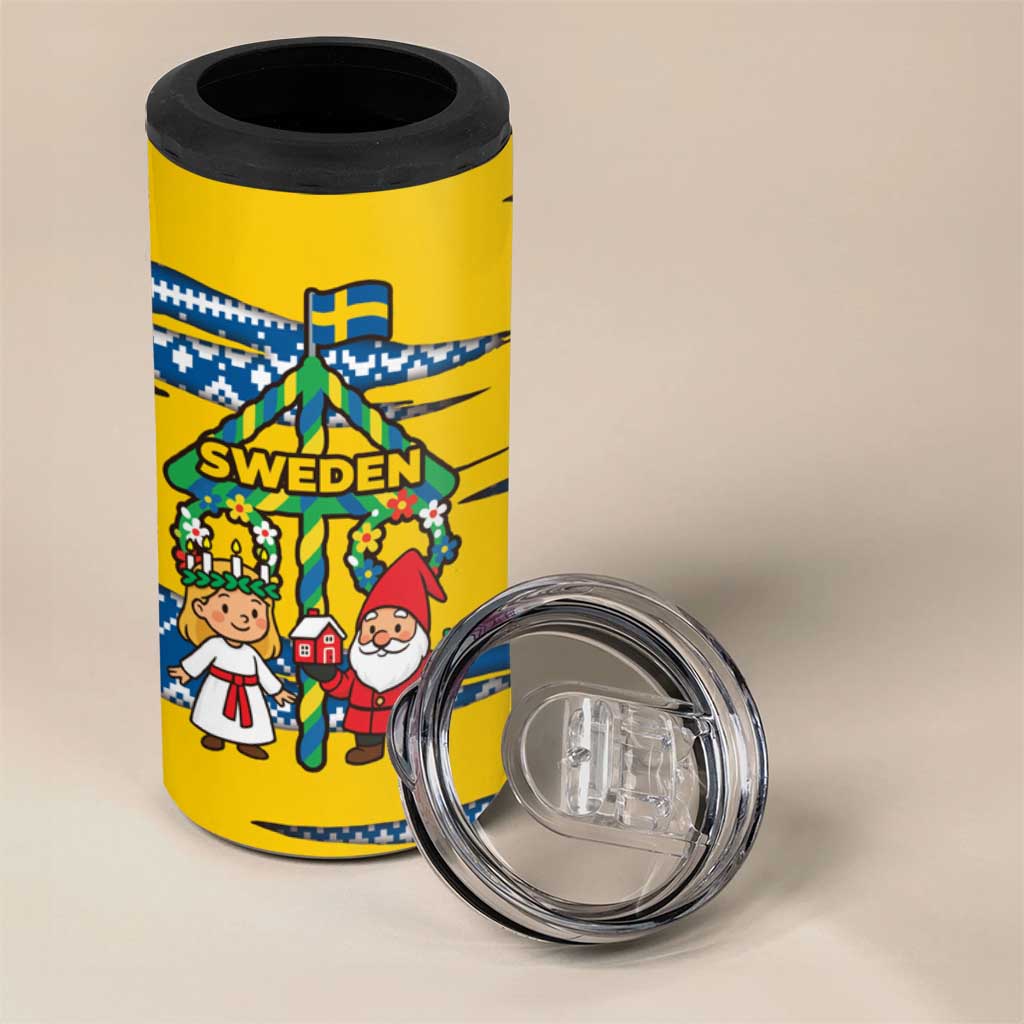 Sweden Christmas 4 in 1 Can Cooler Tumbler with Santa Lucia Girl Midsummer Pole Swedish Flag and Nordic Pattern Design - Wonder Print Shop