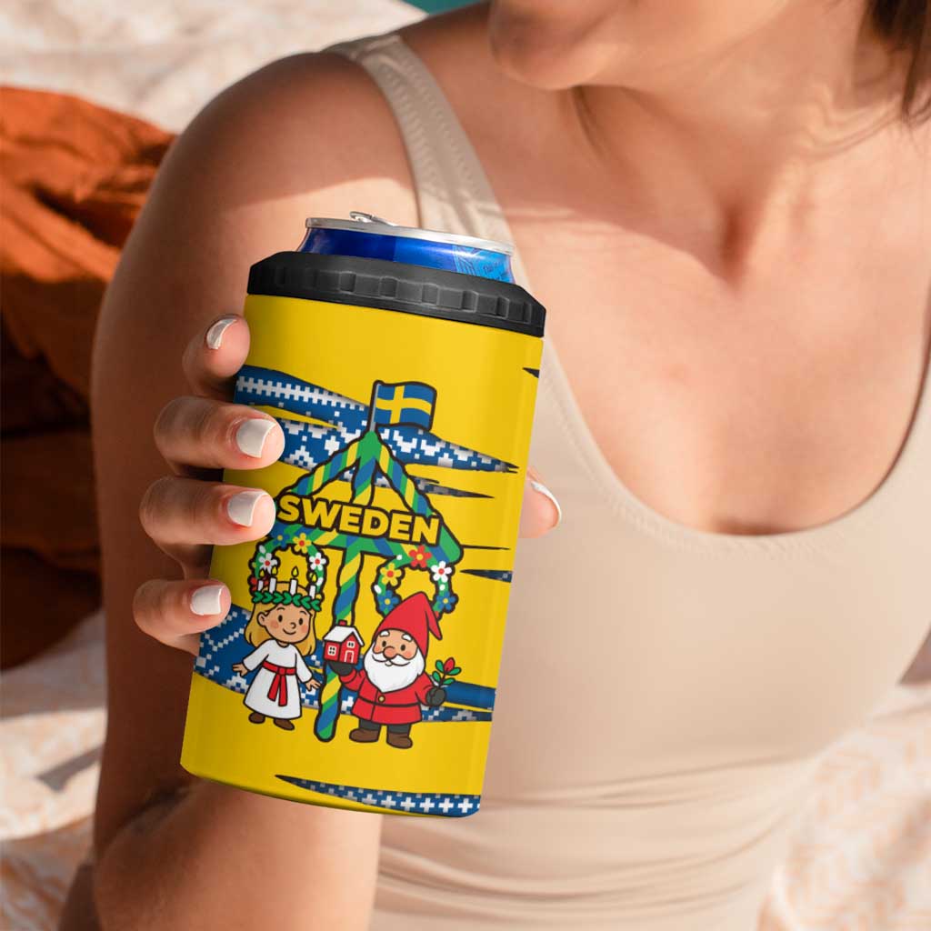 Sweden Christmas 4 in 1 Can Cooler Tumbler with Santa Lucia Girl Midsummer Pole Swedish Flag and Nordic Pattern Design - Wonder Print Shop