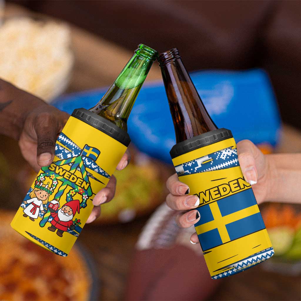 Sweden Christmas 4 in 1 Can Cooler Tumbler with Santa Lucia Girl Midsummer Pole Swedish Flag and Nordic Pattern Design - Wonder Print Shop