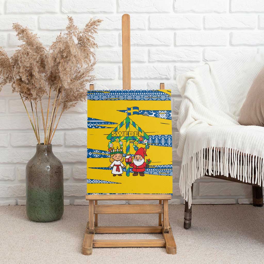 Sweden Christmas Canvas Wall Art with Santa Lucia Girl Midsummer Pole Swedish Flag and Nordic Pattern Design - Wonder Print Shop