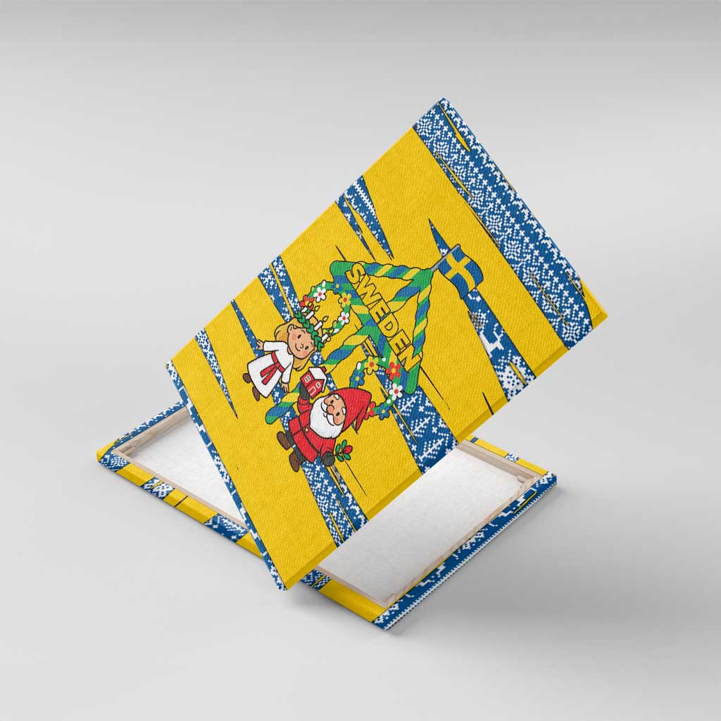 Sweden Christmas Canvas Wall Art with Santa Lucia Girl Midsummer Pole Swedish Flag and Nordic Pattern Design - Wonder Print Shop