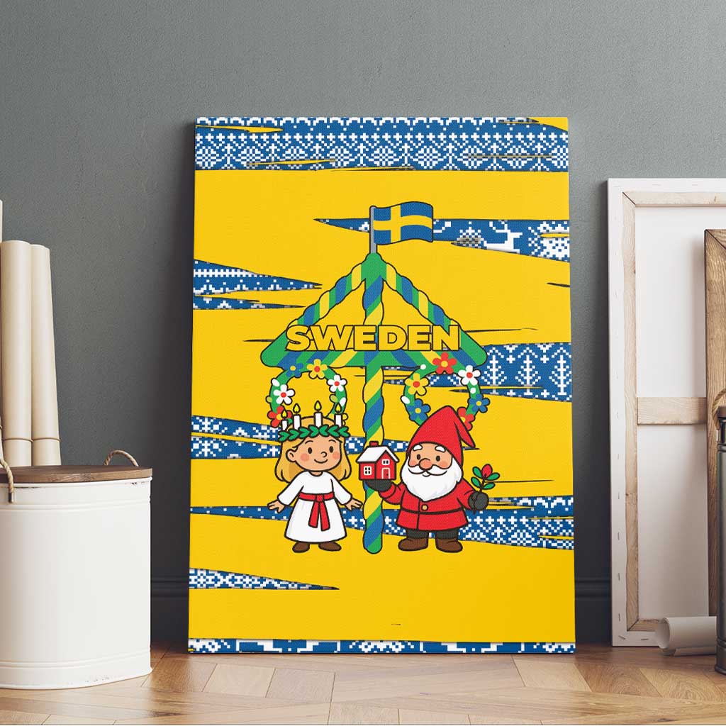 Sweden Christmas Canvas Wall Art with Santa Lucia Girl Midsummer Pole Swedish Flag and Nordic Pattern Design - Wonder Print Shop