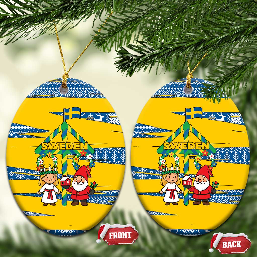 Sweden Christmas Ceramic Ornament with Santa Lucia Girl Midsummer Pole Swedish Flag and Nordic Pattern Design - Wonder Print Shop
